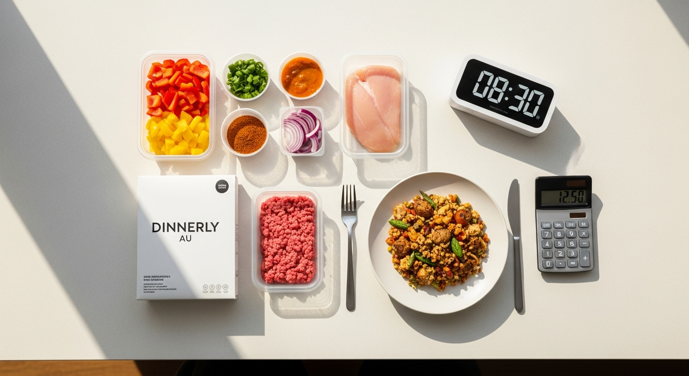 Dinnerly AU affordable weekly meal kit box with fresh pre-portioned ingredients and recipe card