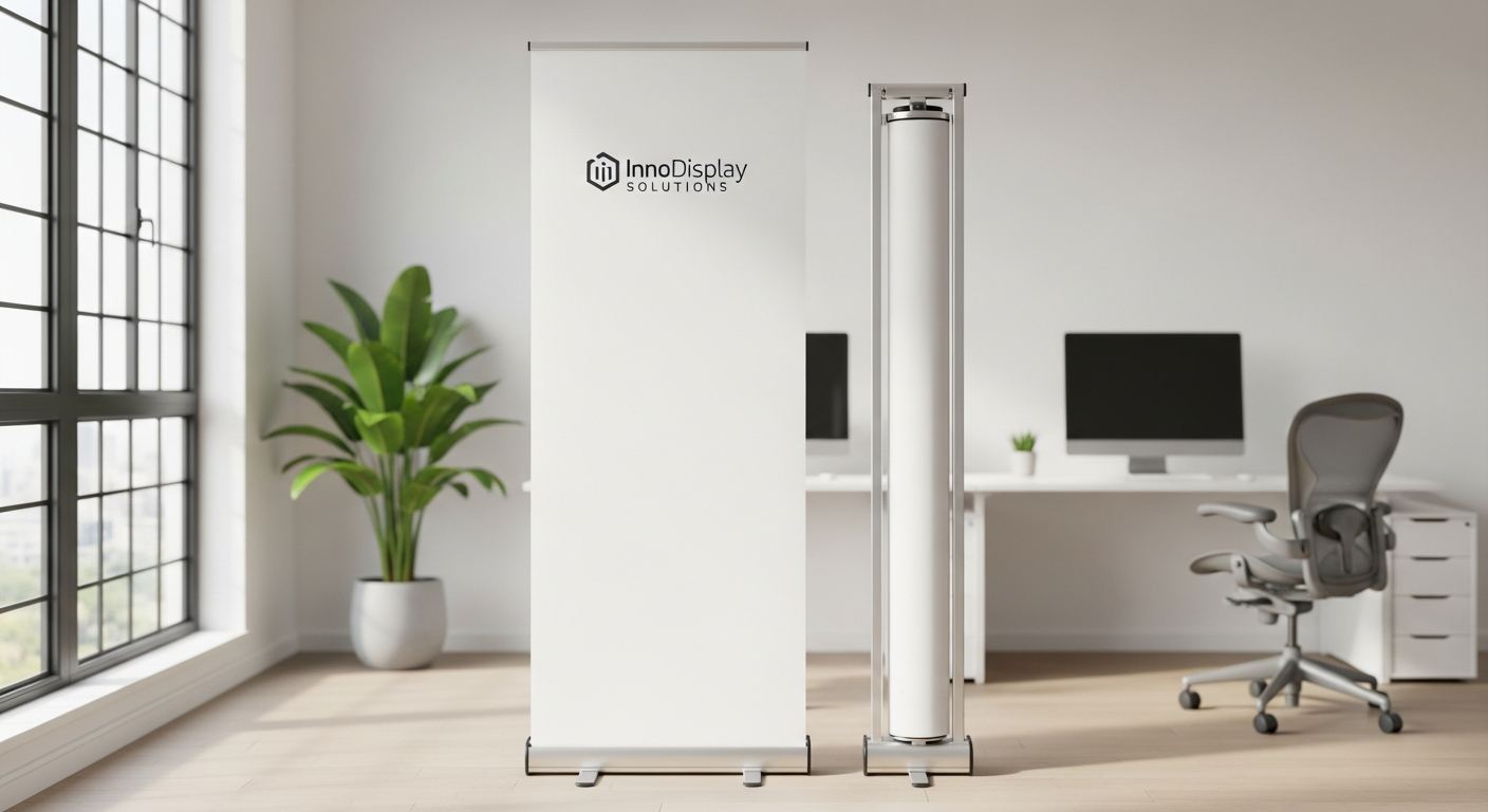 Swift Roller Banner professional retractable display stand with aluminum base and stabilizing feet