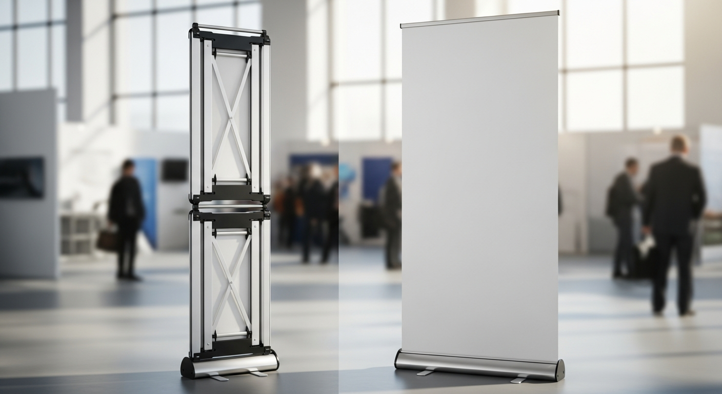 Swift Roller Banner Display Stand with twin stabilizing feet at professional event booth
