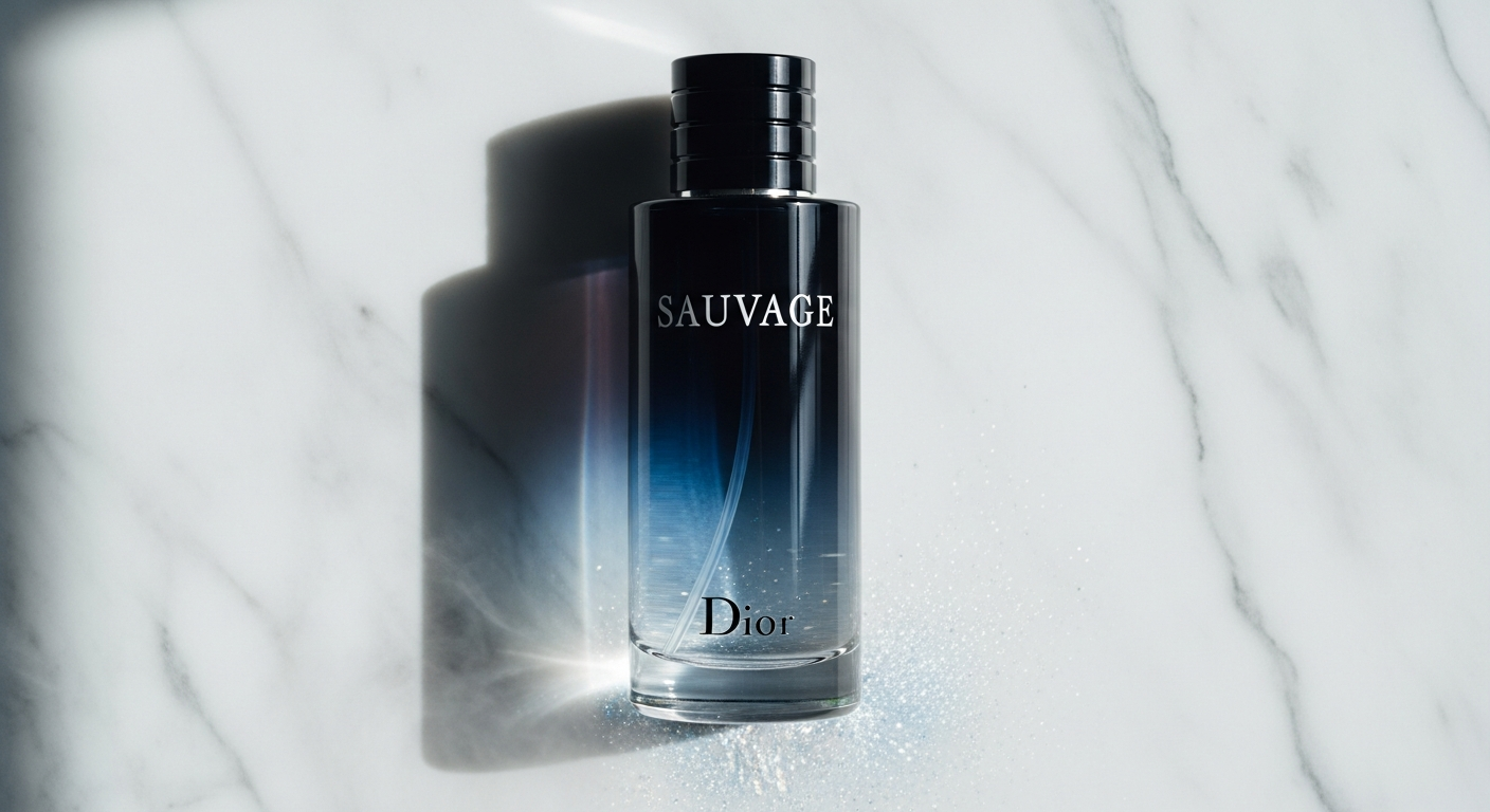 Dior Sauvage Shower Gel bottle with deep blue recycled plastic packaging displayed