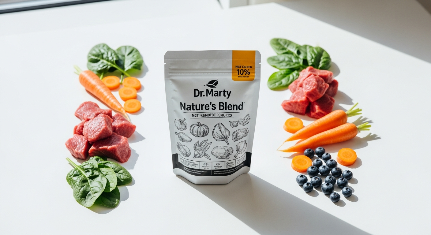 Dr. Marty Nature's Blend freeze-dried raw dog food package displayed with premium ingredients