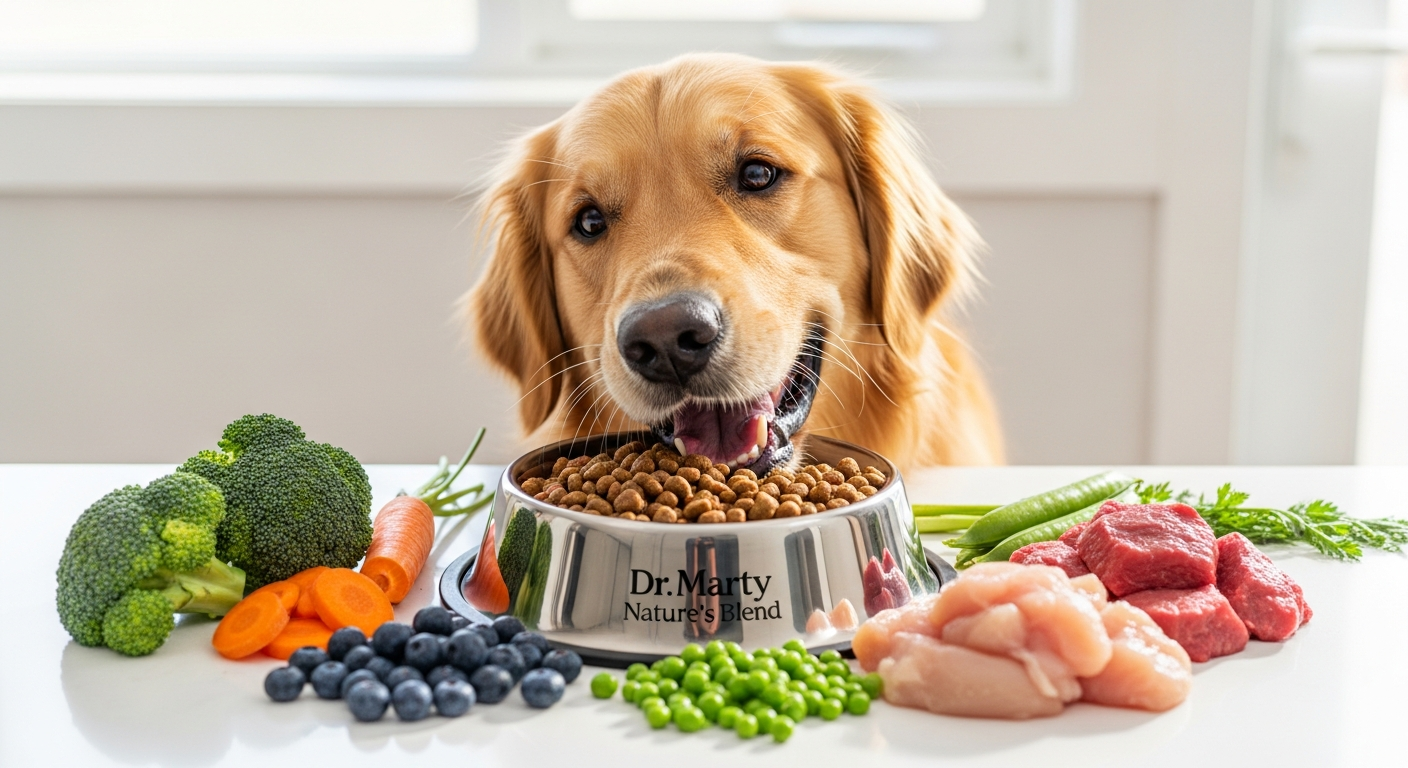 Dr. Marty Nature's Blend freeze-dried dog food in packaging with meat ingredients