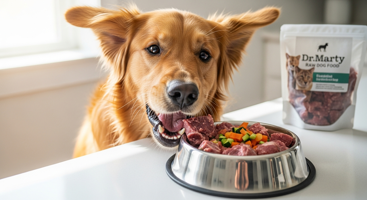 Dr. Marty Nature's Blend freeze-dried raw dog food in bowl with fresh meat ingredients