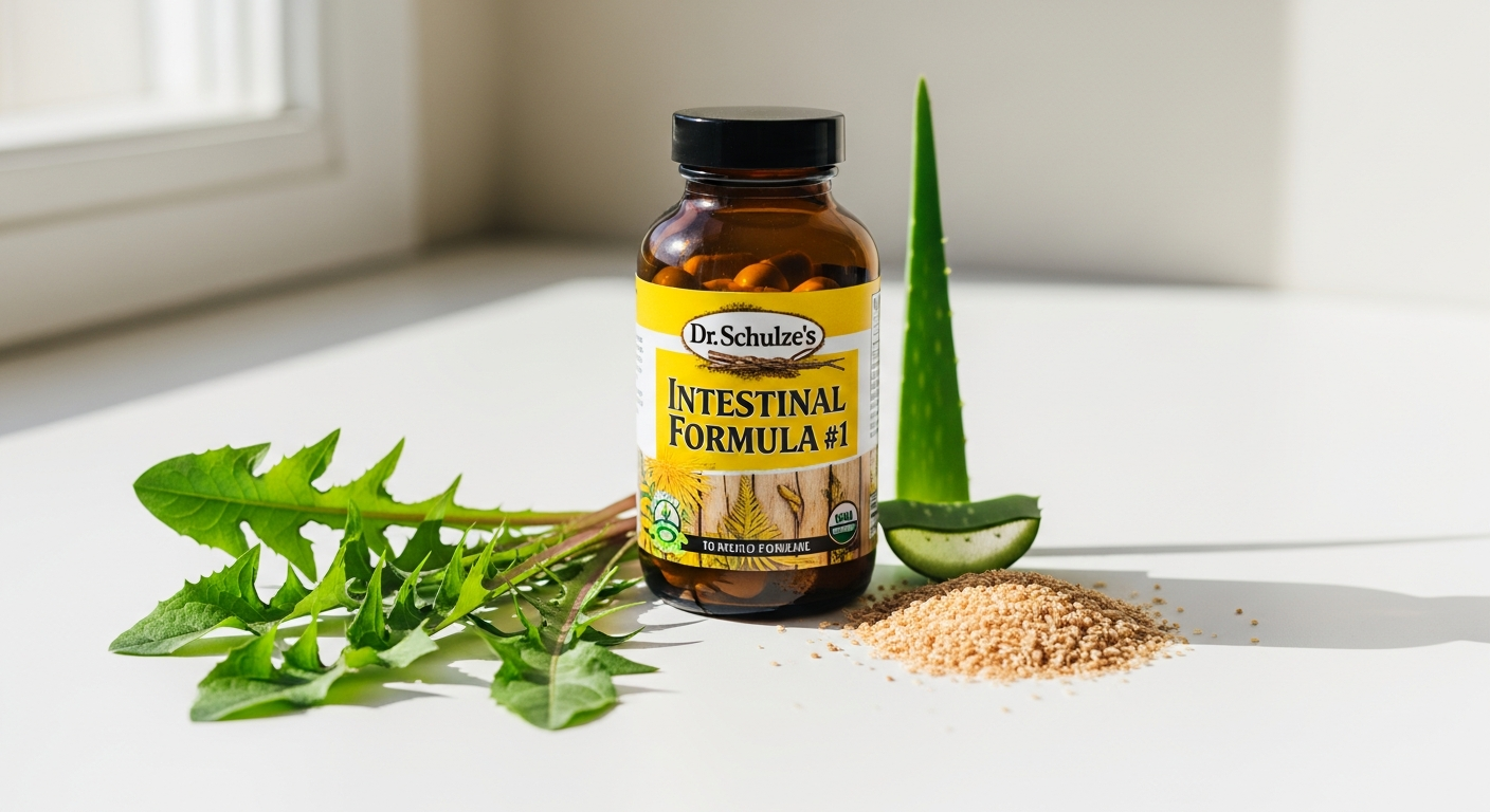 Dr. Schulze's Intestinal Formula #1 herbal supplement bottle with organic herbs