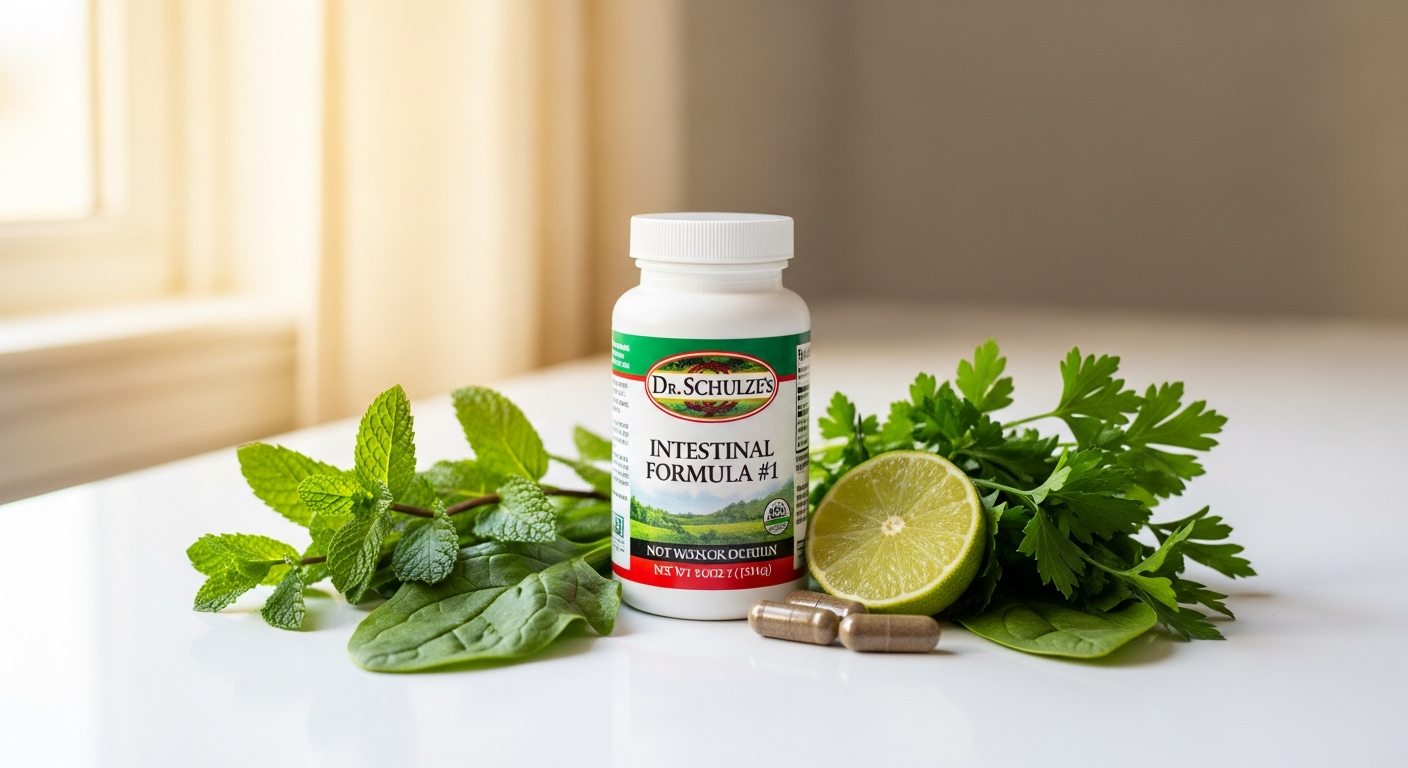 Dr. Schulze's Intestinal Formula #1 colon cleanse supplement bottle with organic herbs