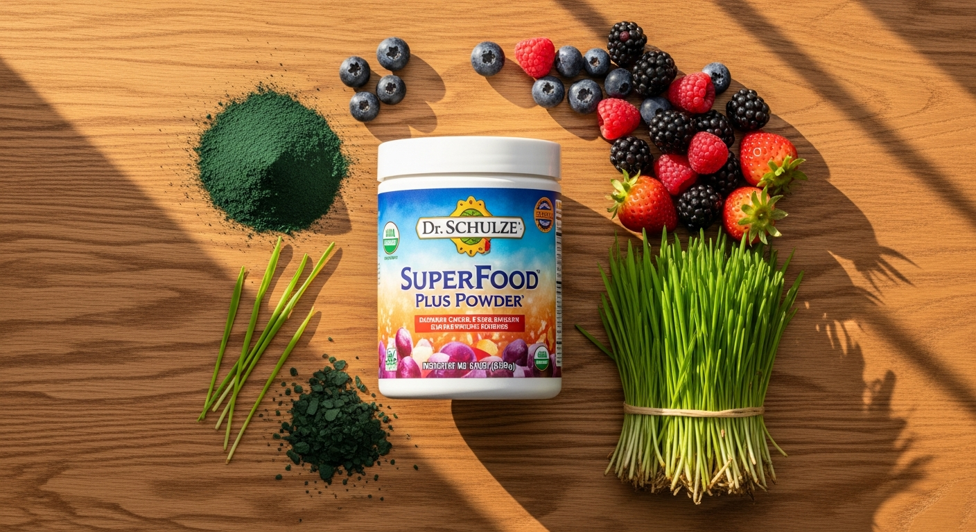 Dr. Schulze's SuperFood Plus Powder in a glass with fresh fruits and vegetables