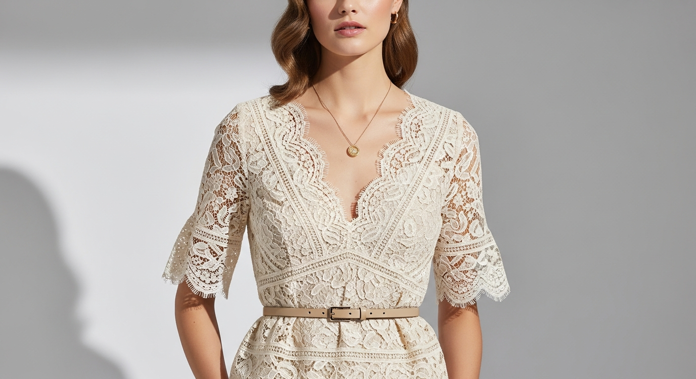 Fracomina cream lace top styled with tailored trousers and blazer for professional elegance