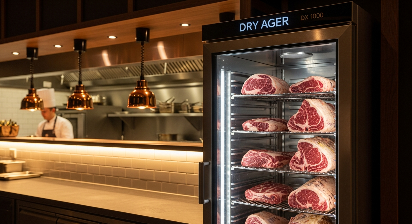 DRY AGER DX 1000 Premium S stainless steel dry aging cabinet in modern kitchen