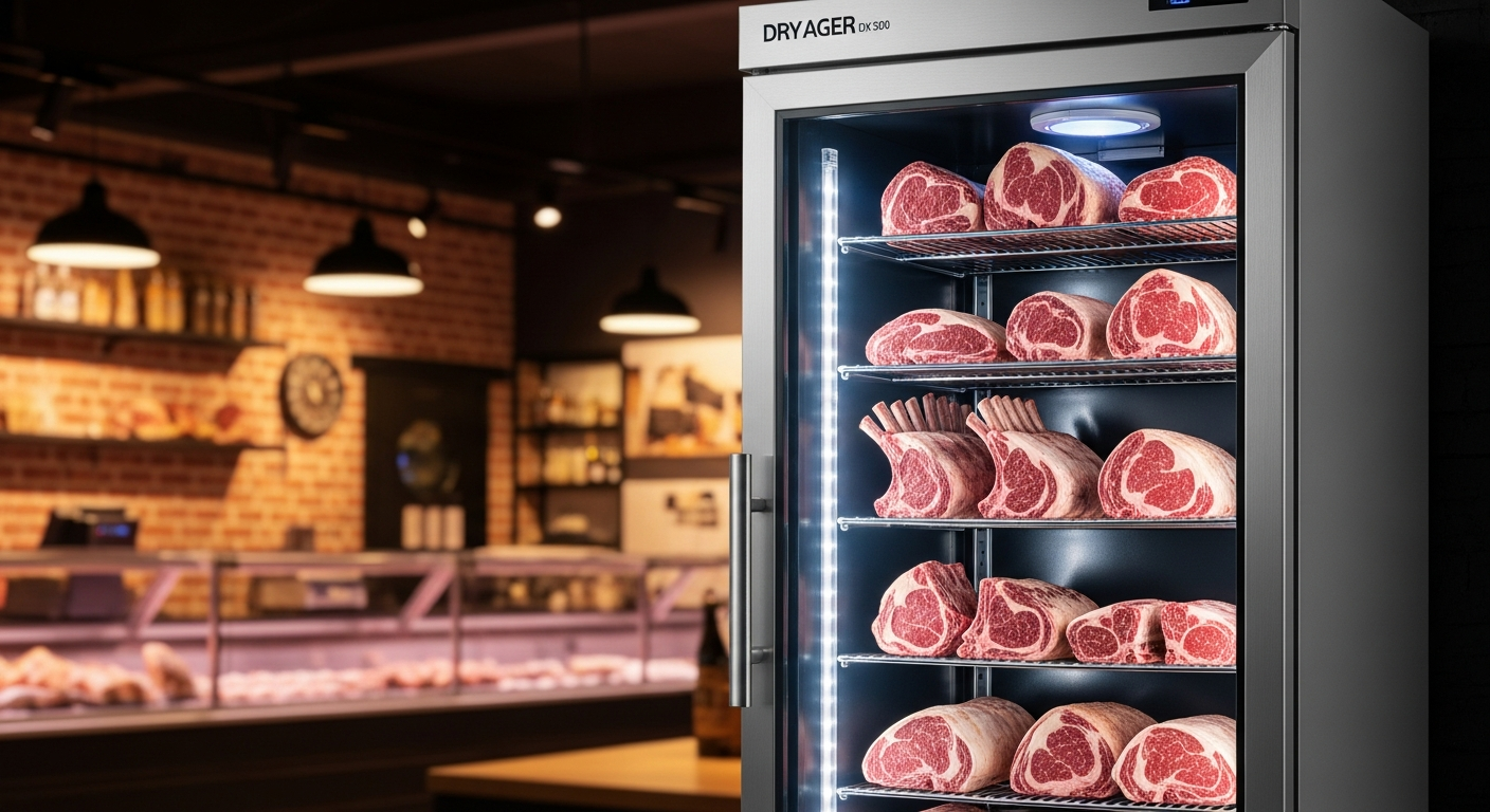 DRY AGER DX 500 Premium S compact dry aging cabinet with insulated glass door in modern kitchen