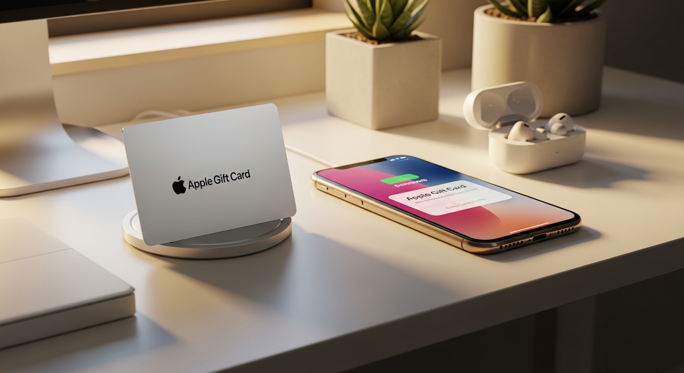 Apple Gift Card digital credit displayed on iPhone screen with Apple ecosystem icons