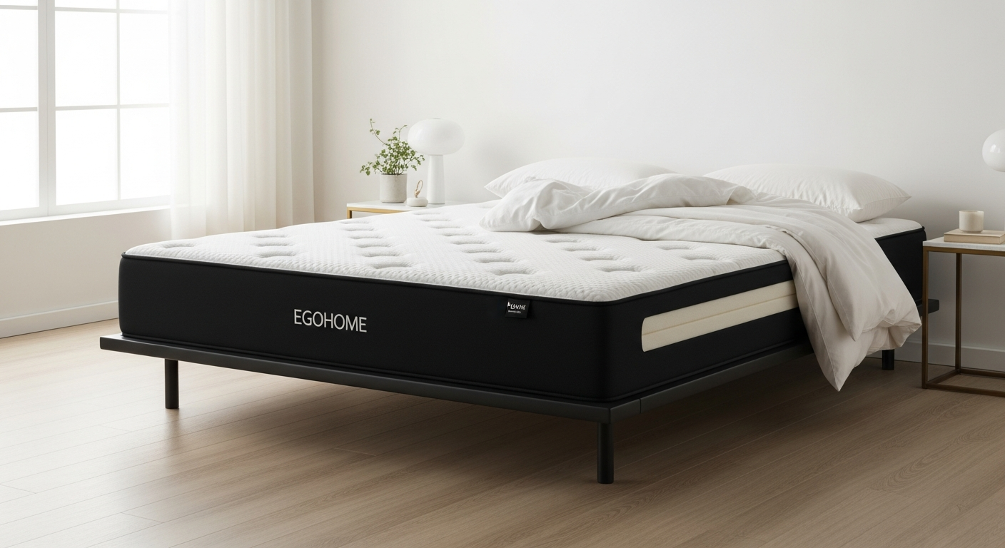 EGOHOME Black 14-inch memory foam mattress on a bed frame in a bright guest room