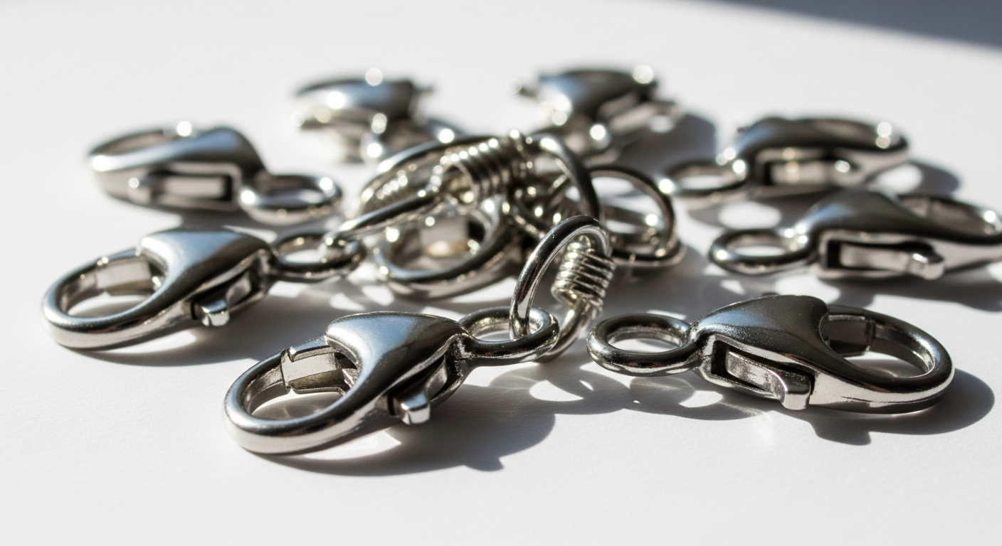 Close-up of shiny 304 stainless steel lobster claw clasps for jewelry making