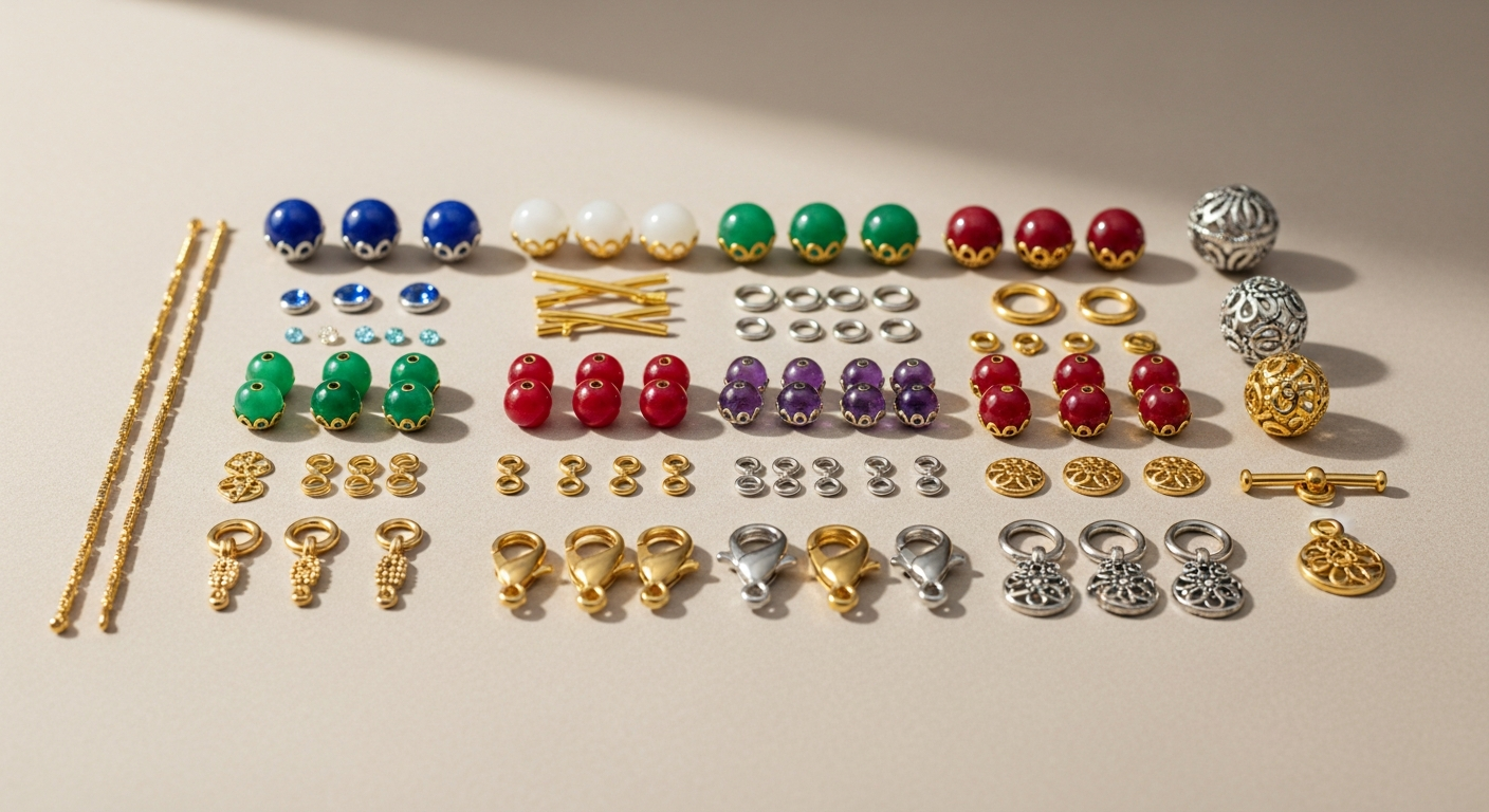 Colorful assortment of wholesale jewelry beads and metal findings displayed together