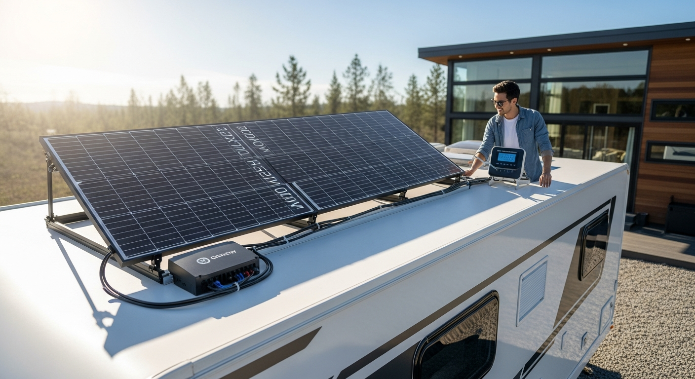 Eco-Worthy 200W 12V solar starter kit components displayed for off-grid RV cabin power