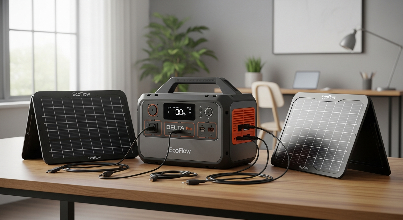 EcoFlow DELTA Pro portable power station with expandable battery modules and solar panels