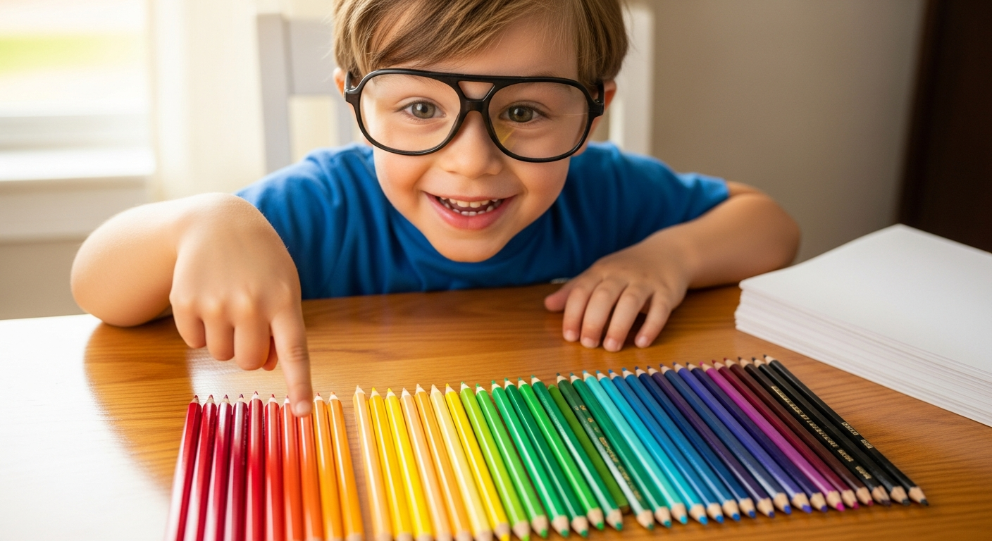 Child wearing EnChroma color correcting glasses outdoors experiencing enhanced color vision