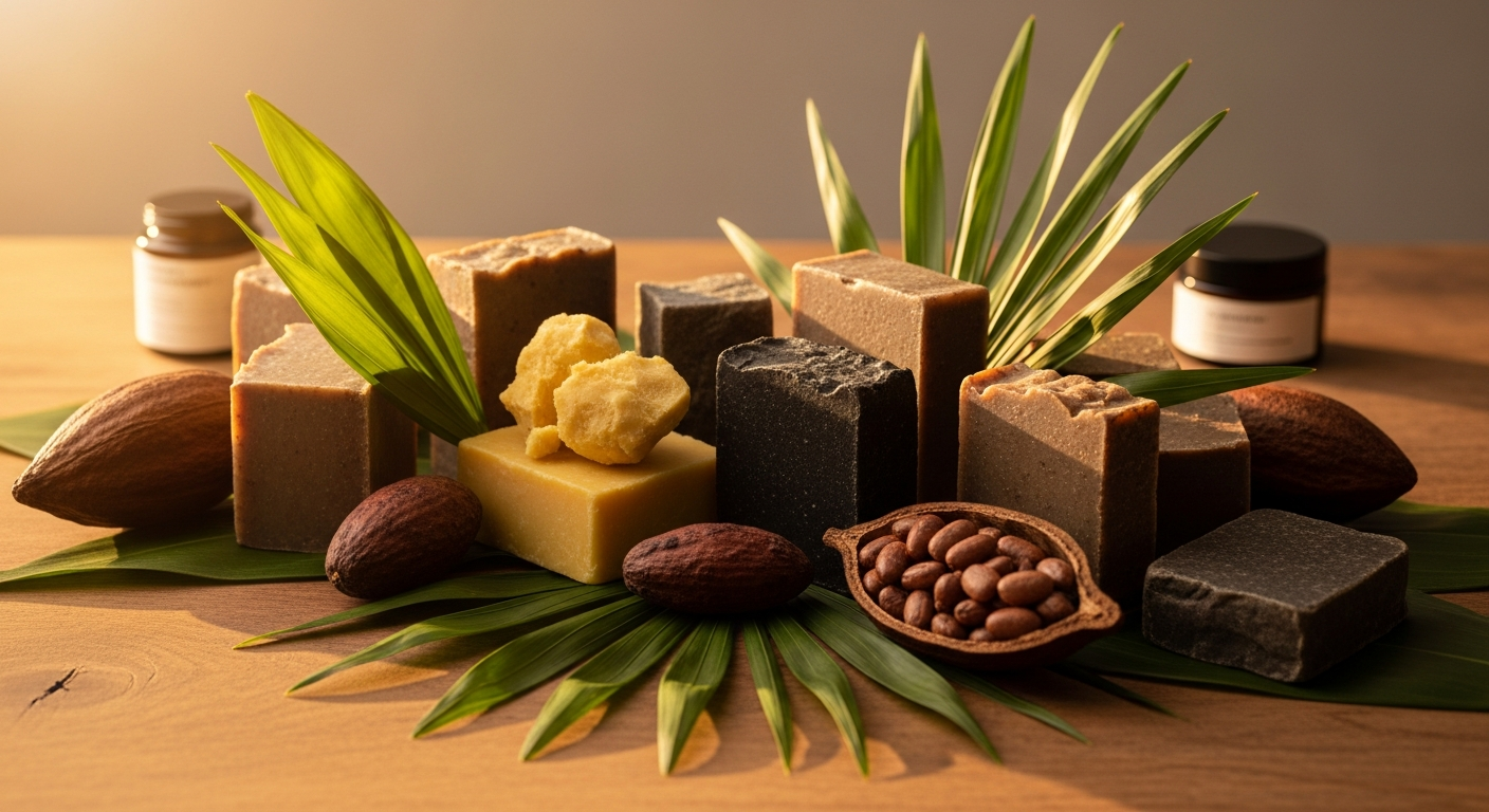 Era of Nature African Black Soap bar displayed with natural ingredients like shea butter and cocoa