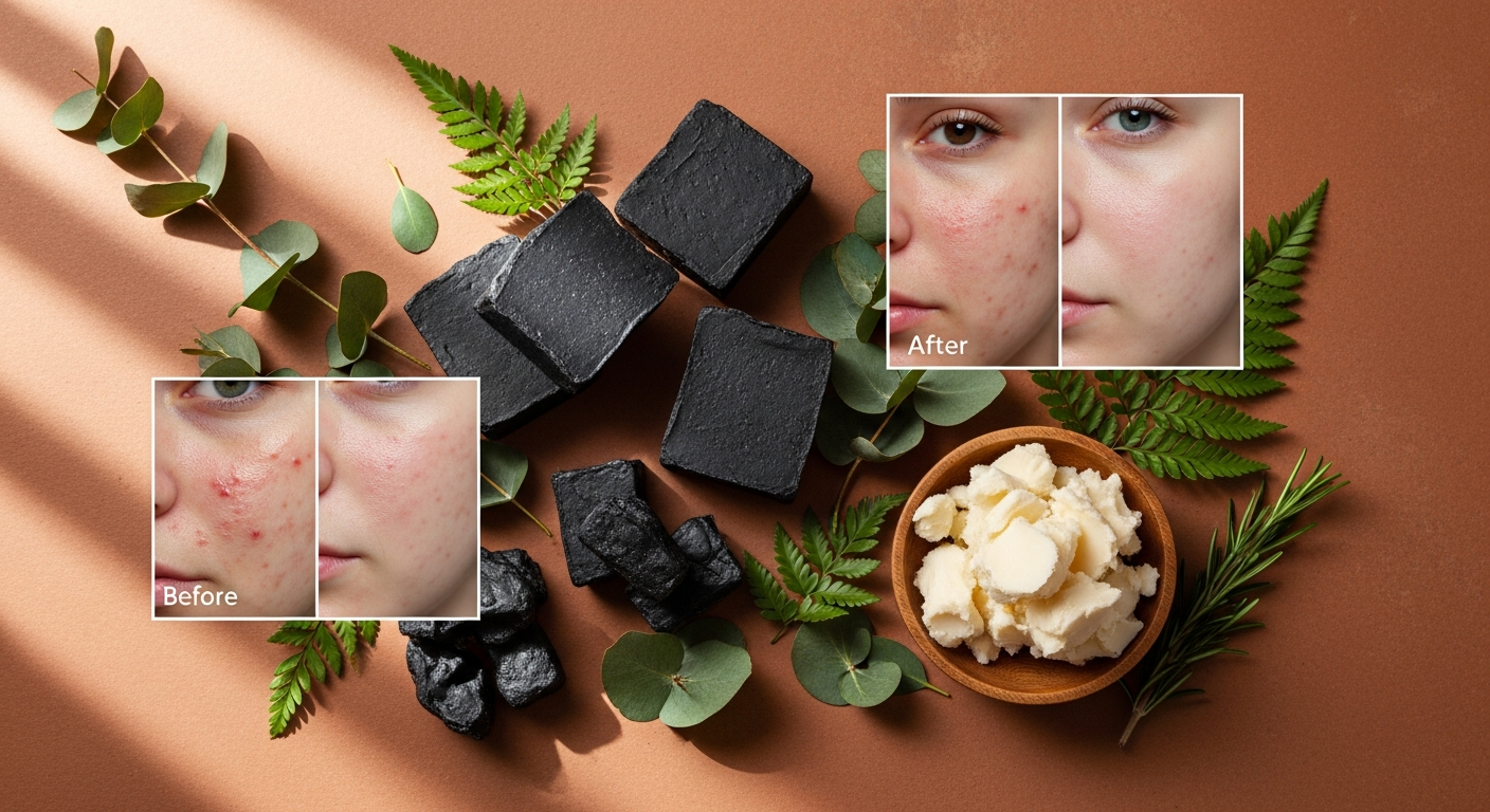 Era of Nature African Black Soap bar displayed with cocoa pods and shea butter ingredients