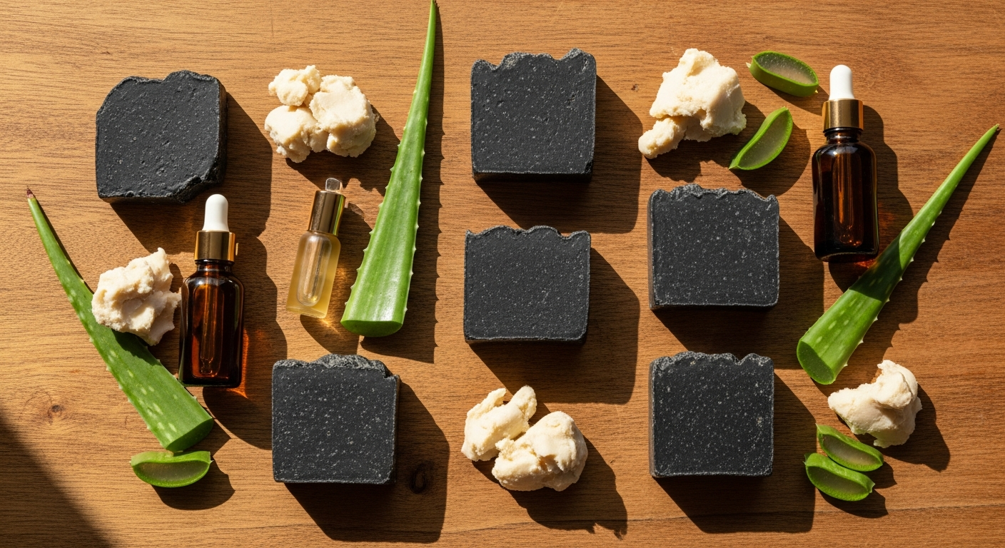 Era of Nature African Black Soap bar with cocoa pod ash and shea butter ingredients displayed