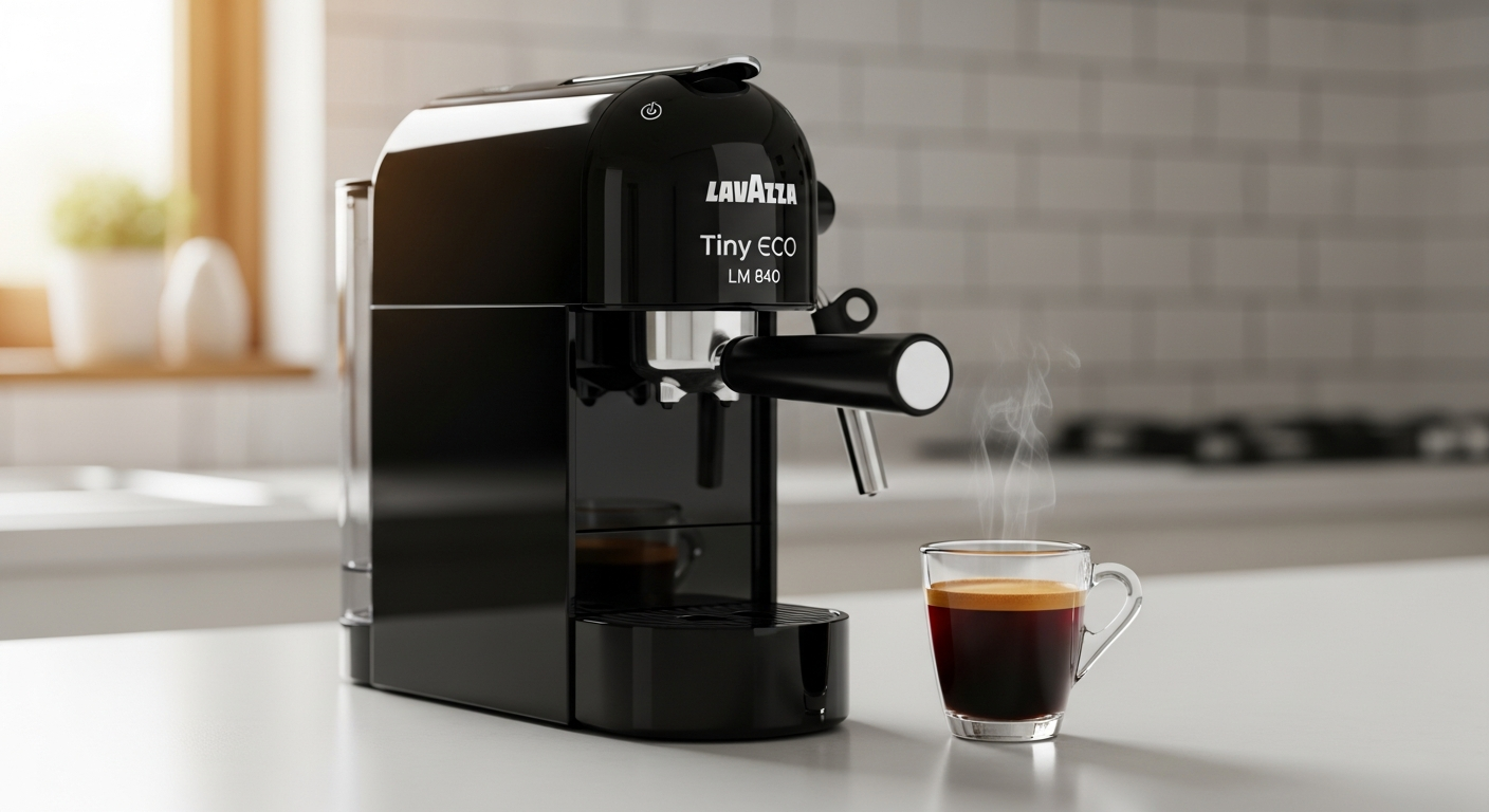 Lavazza Tiny Eco LM 840 compact espresso machine with recycled plastic design on kitchen counter