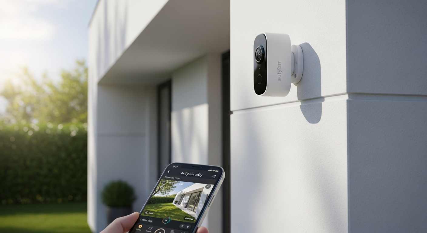 EufyCam 2C Pro 2K wireless security camera mounted on white exterior wall