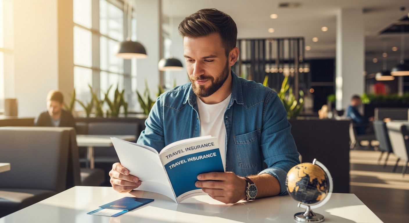 Frequent traveler reviewing annual travel insurance policy documents and coverage details