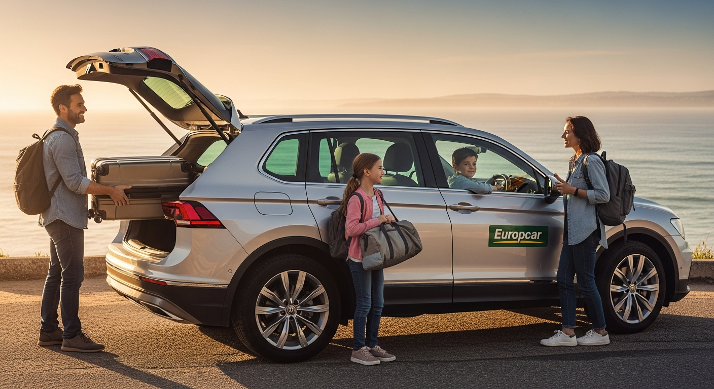 Family loading luggage into a Europcar Standard SUV rental vehicle in Australia with scenic landscape background