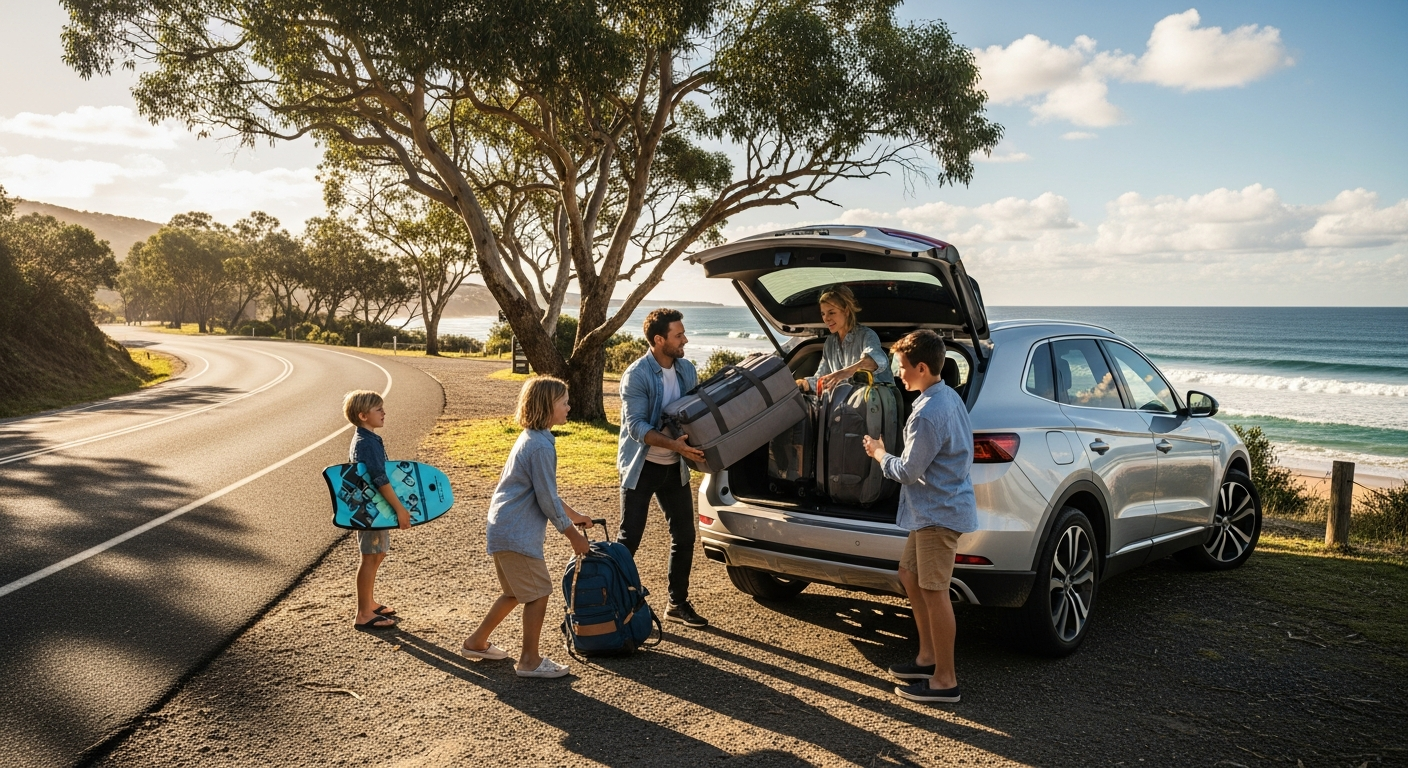 Family SUV parked on scenic Australian coastal road with ocean backdrop