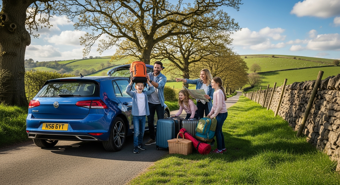 Compact family car parked on UK countryside road during sunny holiday trip