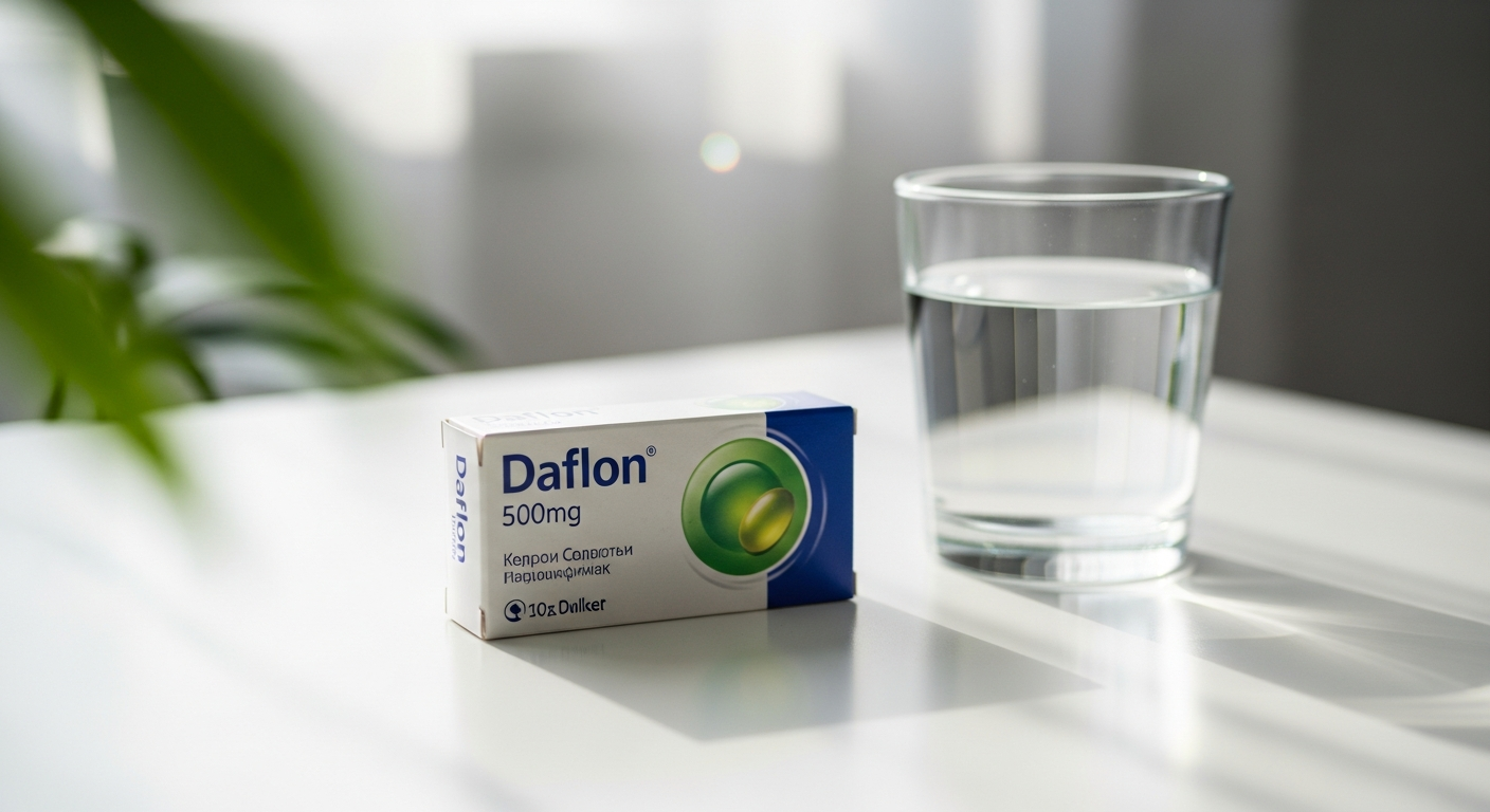 Daflon 500mg tablet pack with venous insufficiency and hemorrhoid relief information displayed