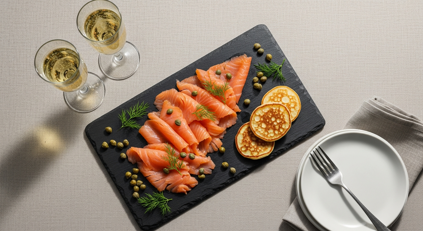 Premium Tsar Nikolai smoked salmon fillet displayed elegantly on serving platter with garnish