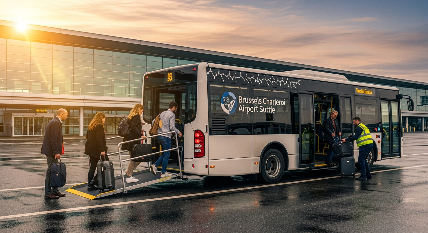 Brussels Charleroi Airport Shuttle Service bus with passengers boarding at terminal station