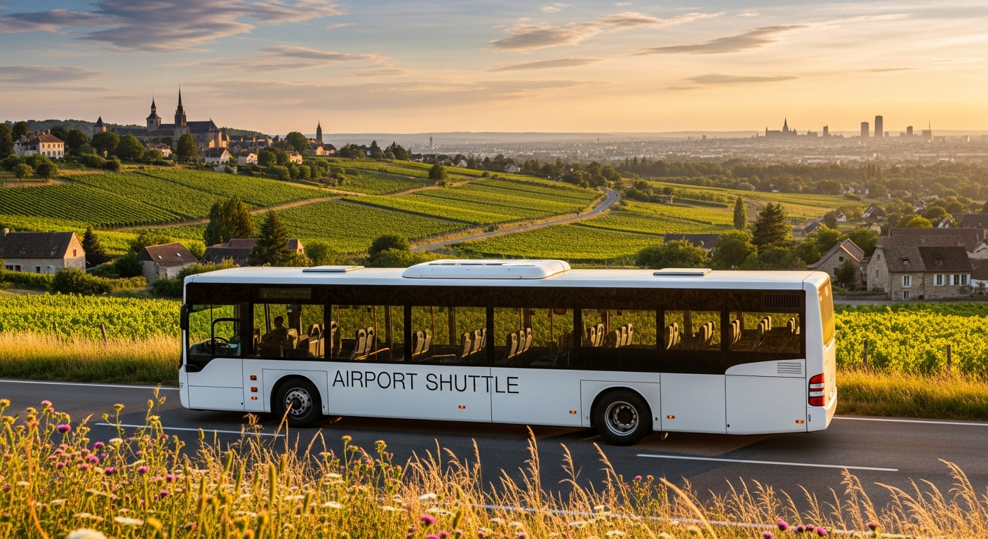 Flibco European airport shuttle bus parked at terminal with passengers boarding