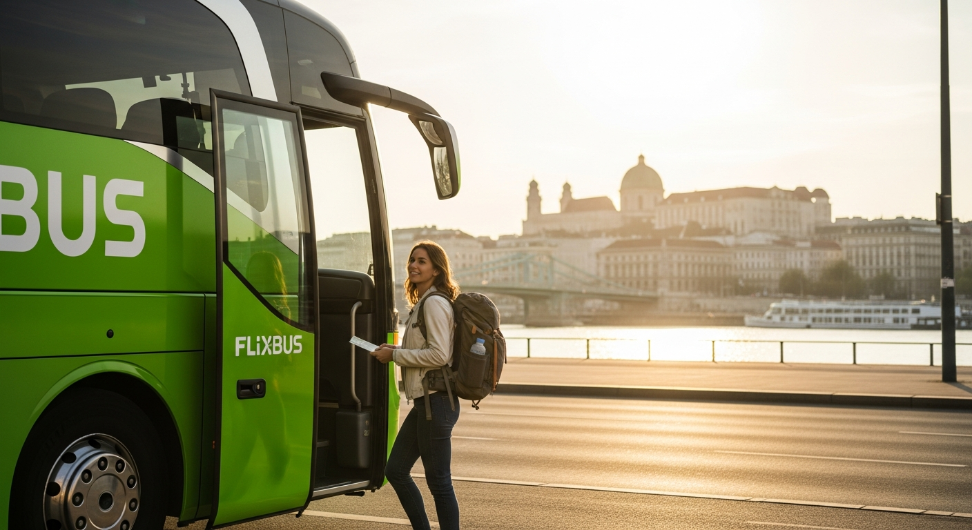 Flixbus coach traveling on Vienna to Budapest route through Central European countryside