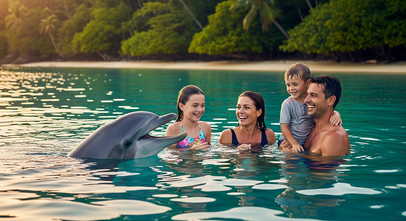 Dolphins swimming in tropical lagoon at Discovery Cove Orlando resort