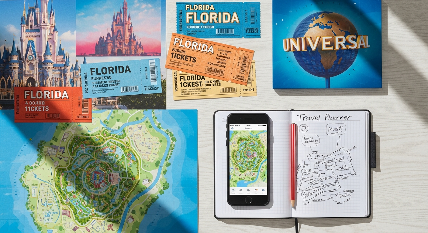 Ultimate Florida Combo Theme Park Ticket guide showing five major parks and 14-day access benefits