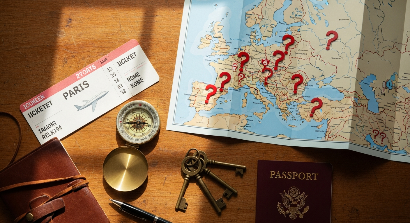 FlyKube surprise destination trip package showing European cities and mystery travel concept