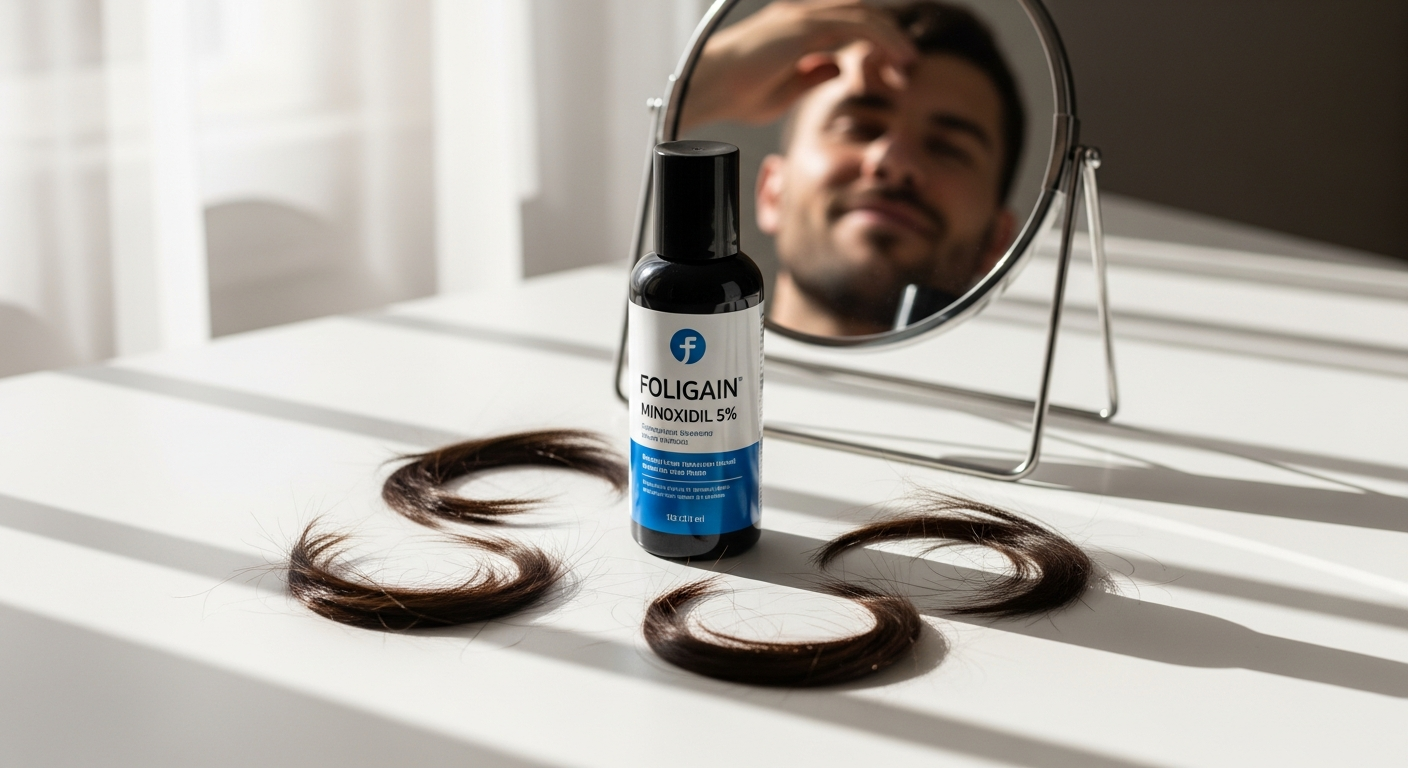 Foligain Minoxidil 5% bottle with hair regrowth treatment product display