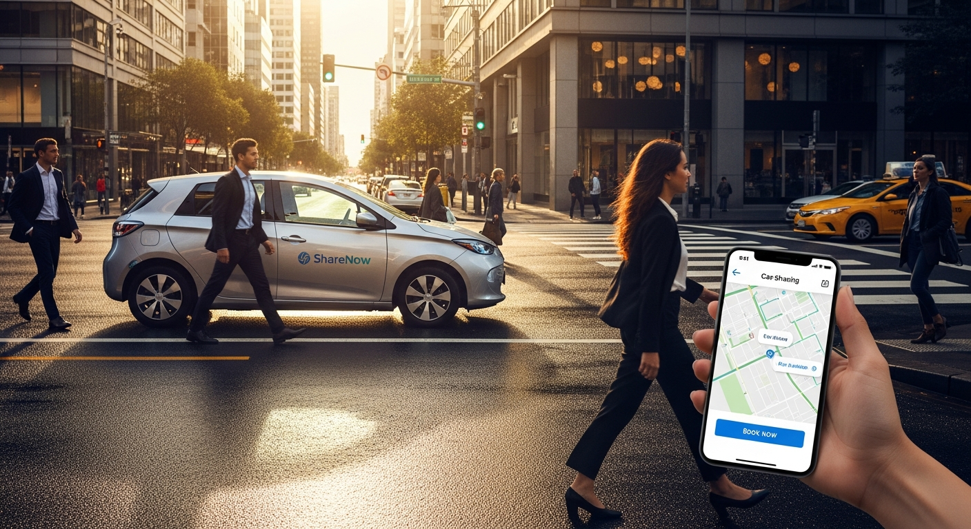 Free2move car-sharing app interface showing vehicle availability map and booking options