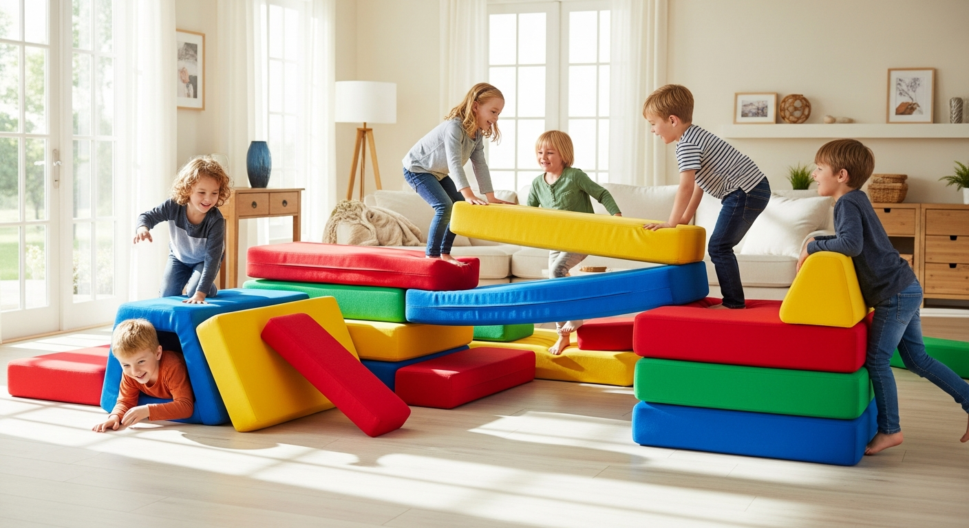 Colorful modular foam play couch with 16 pieces for creative children's play configurations