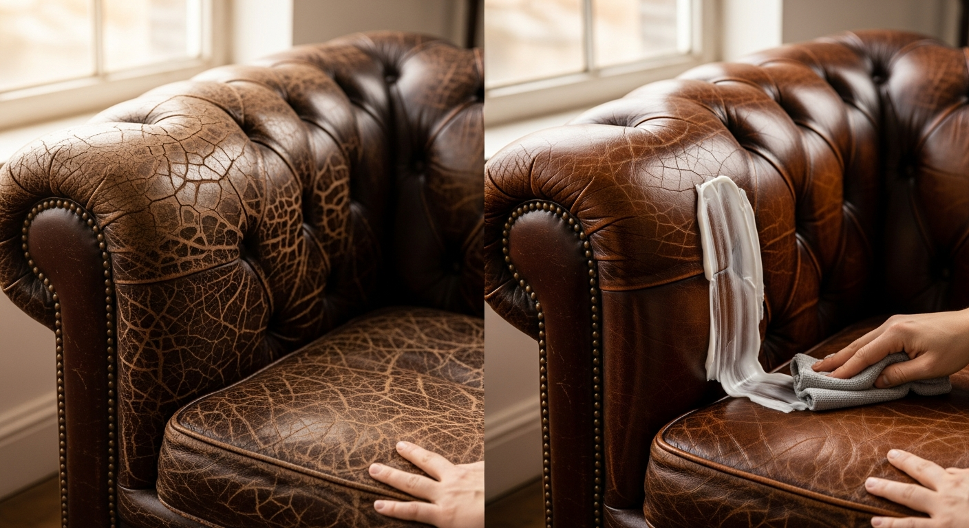 Furniture Clinic Leather Recoloring Balm jar with application sponges on leather surface