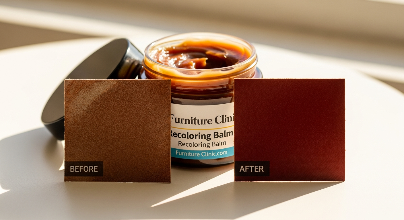Faded leather sofa being restored with Furniture Clinic Recoloring Balm application