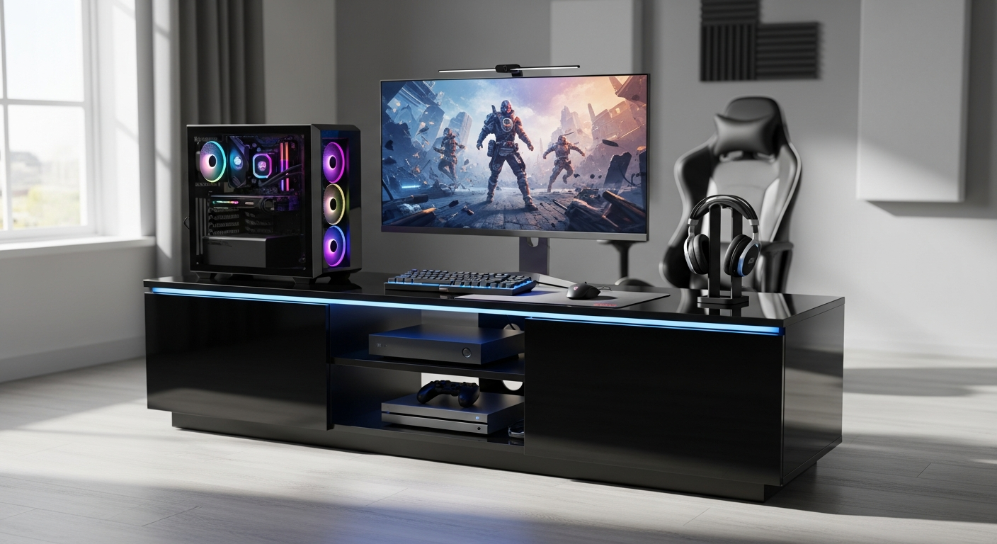 Sienna High Gloss LED TV Stand with integrated multi-color lighting system and storage drawers