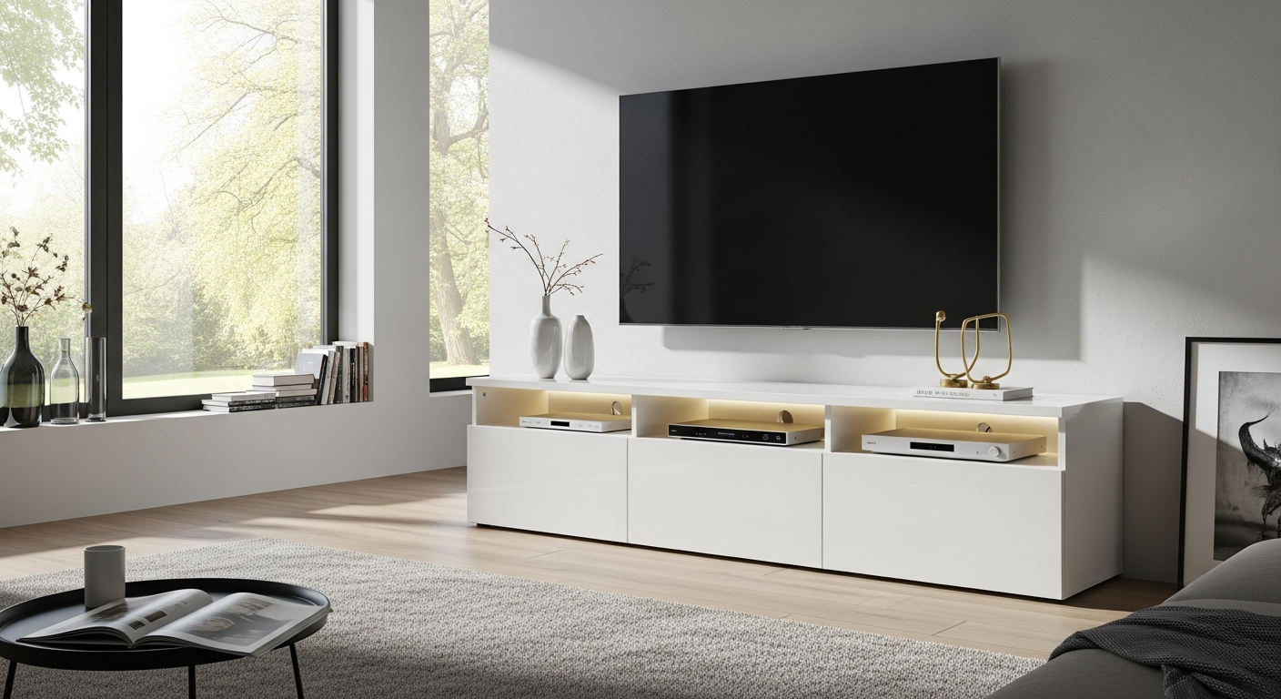 Sienna High Gloss White TV Stand with integrated multi-color LED lighting in modern living room