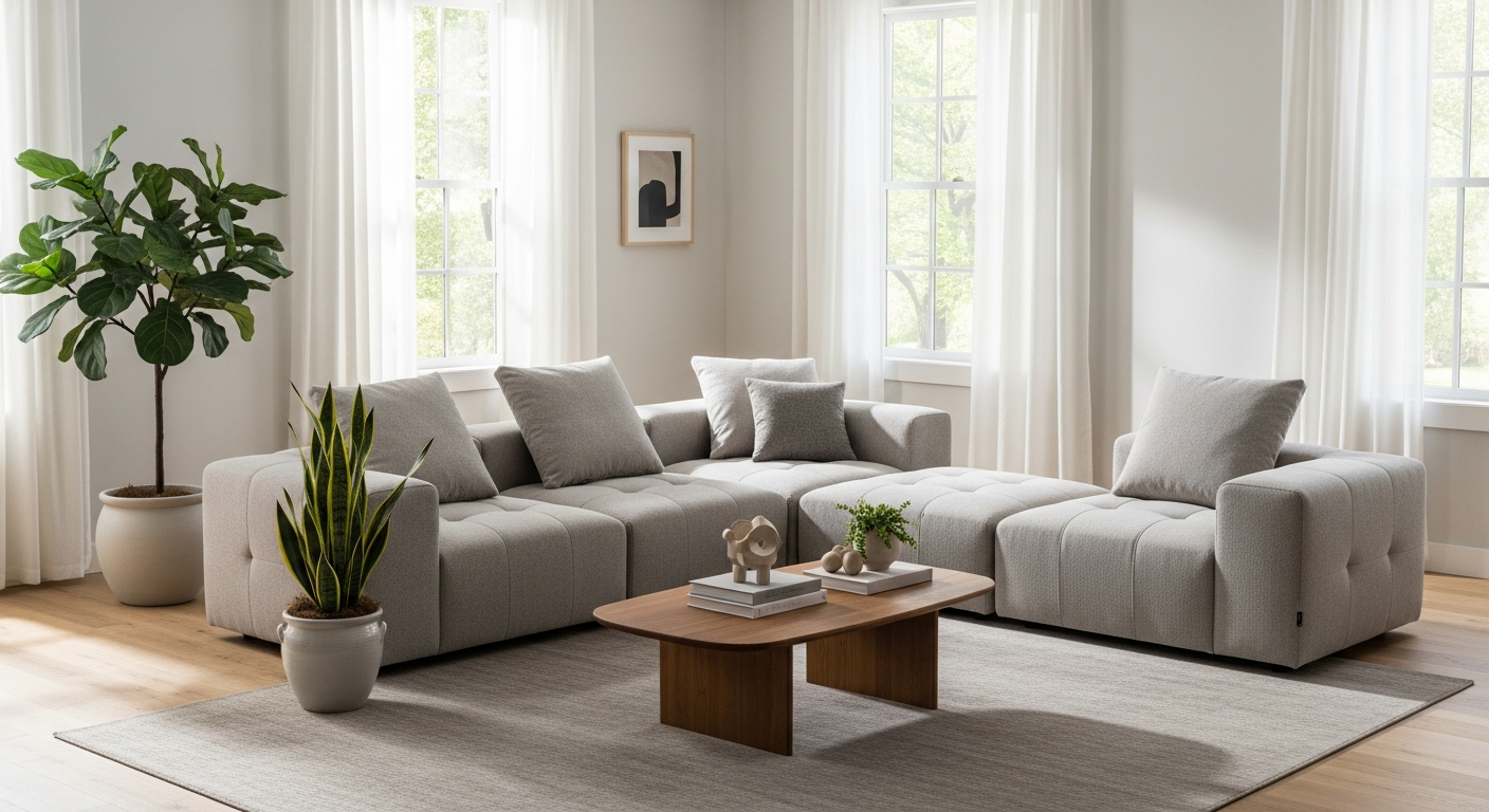 Elegance Modular Fabric Sofa in neutral tone showing customizable configuration options