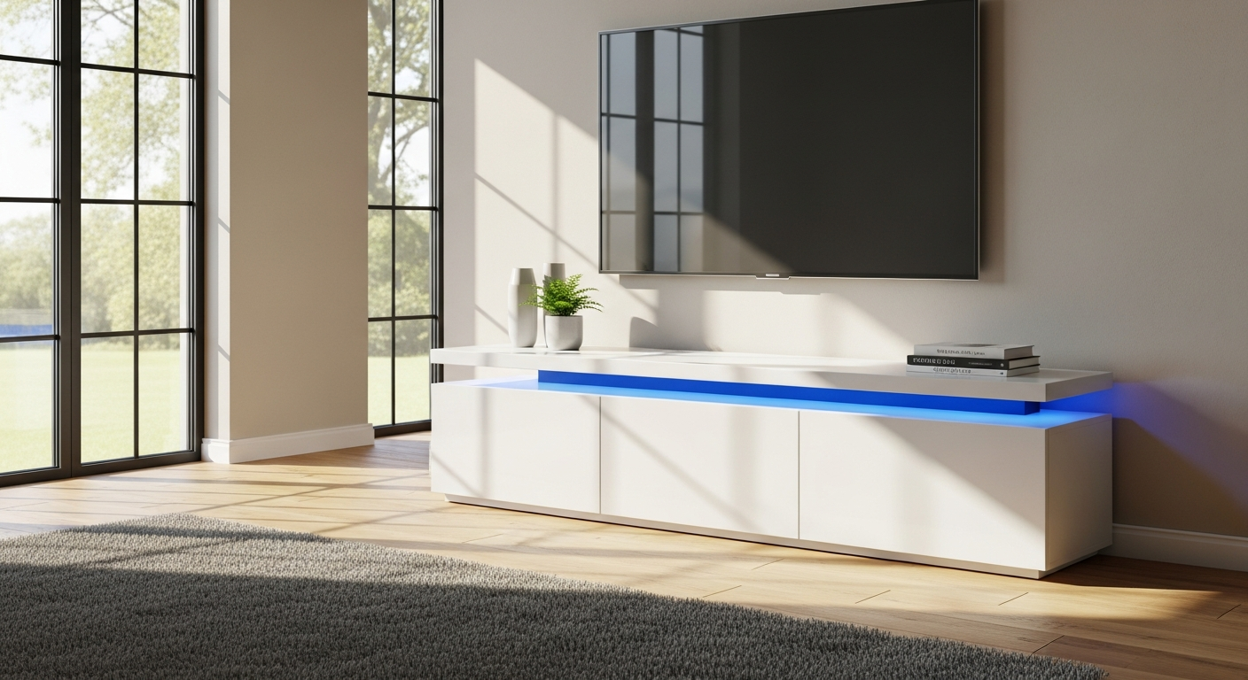 Sienna High Gloss White LED TV Stand with integrated multi-LED lighting in modern living room