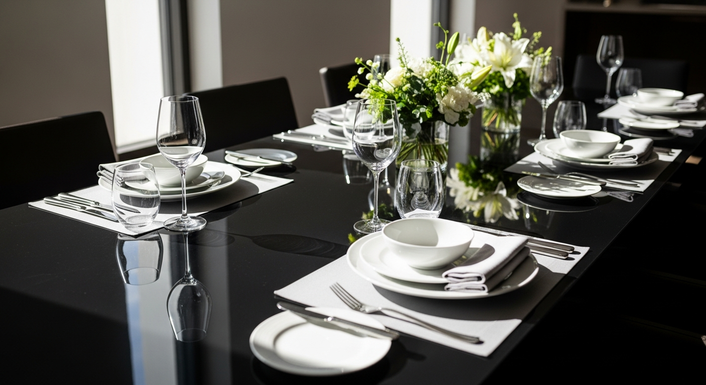 Modern high gloss black extendable dining table set with upholstered chairs in contemporary home