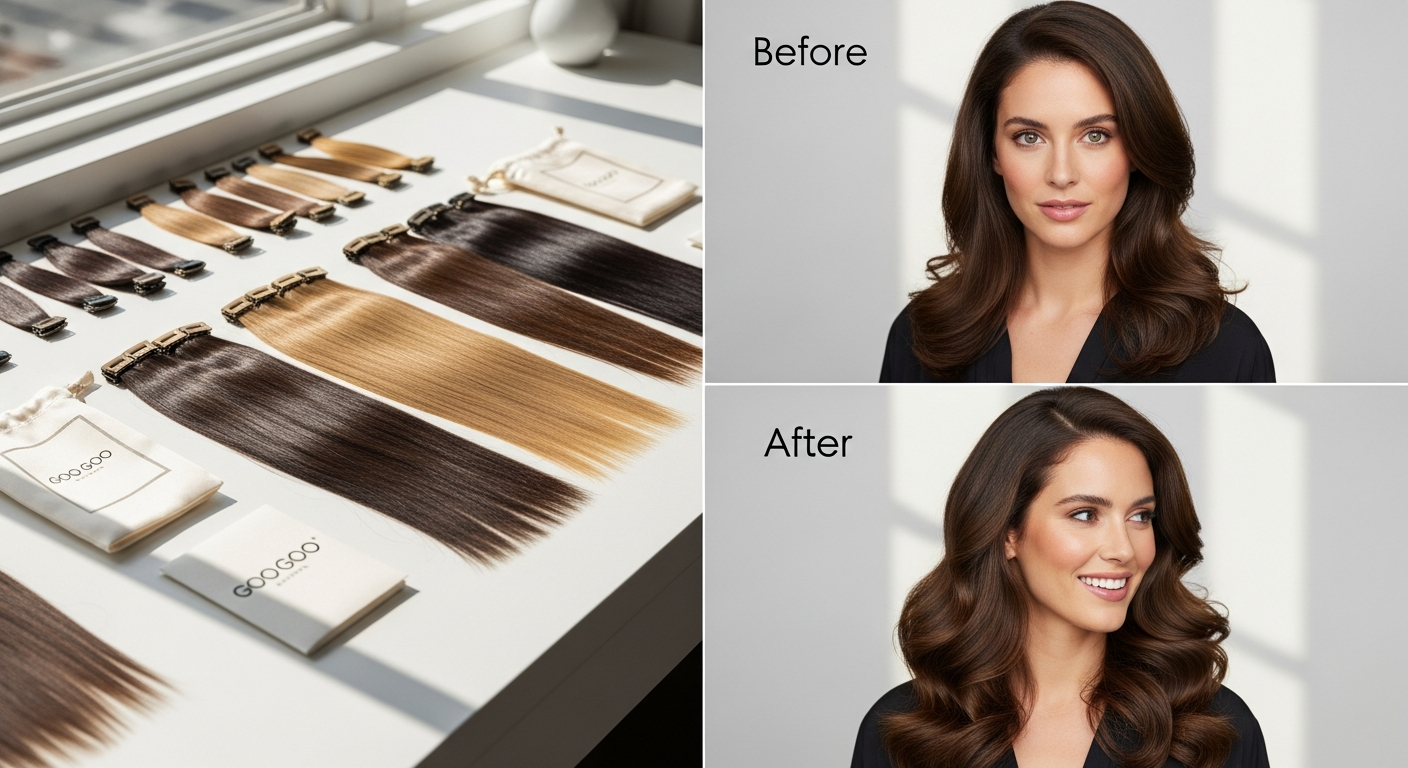 GOO GOO clip-in human hair extensions displayed on mannequin head showing volume and length