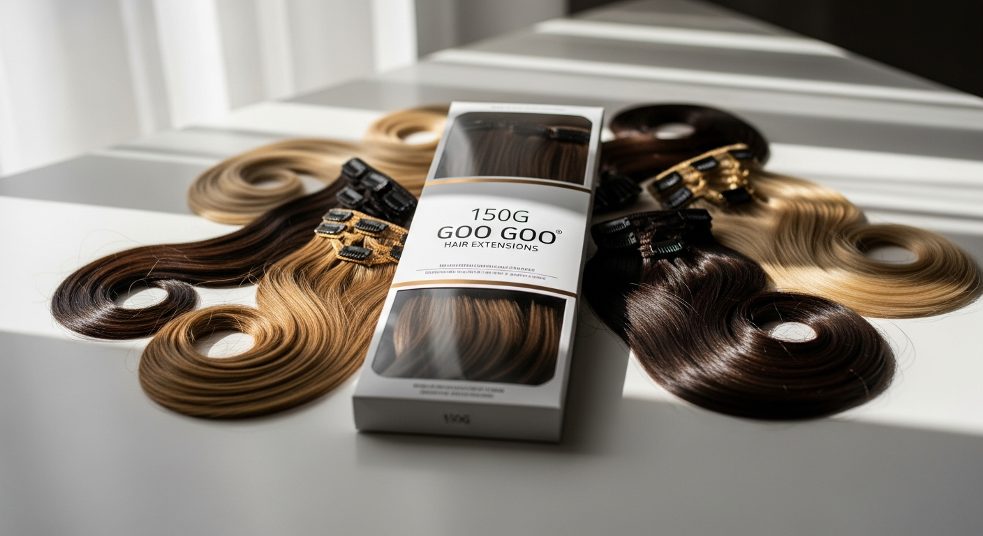 GOO GOO 150G clip-in human hair extensions displayed with multiple shade options