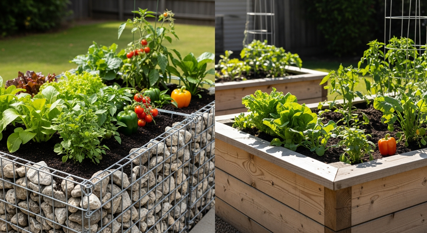 Gabiona custom gabion raised bed filled with natural stone in modern garden setting